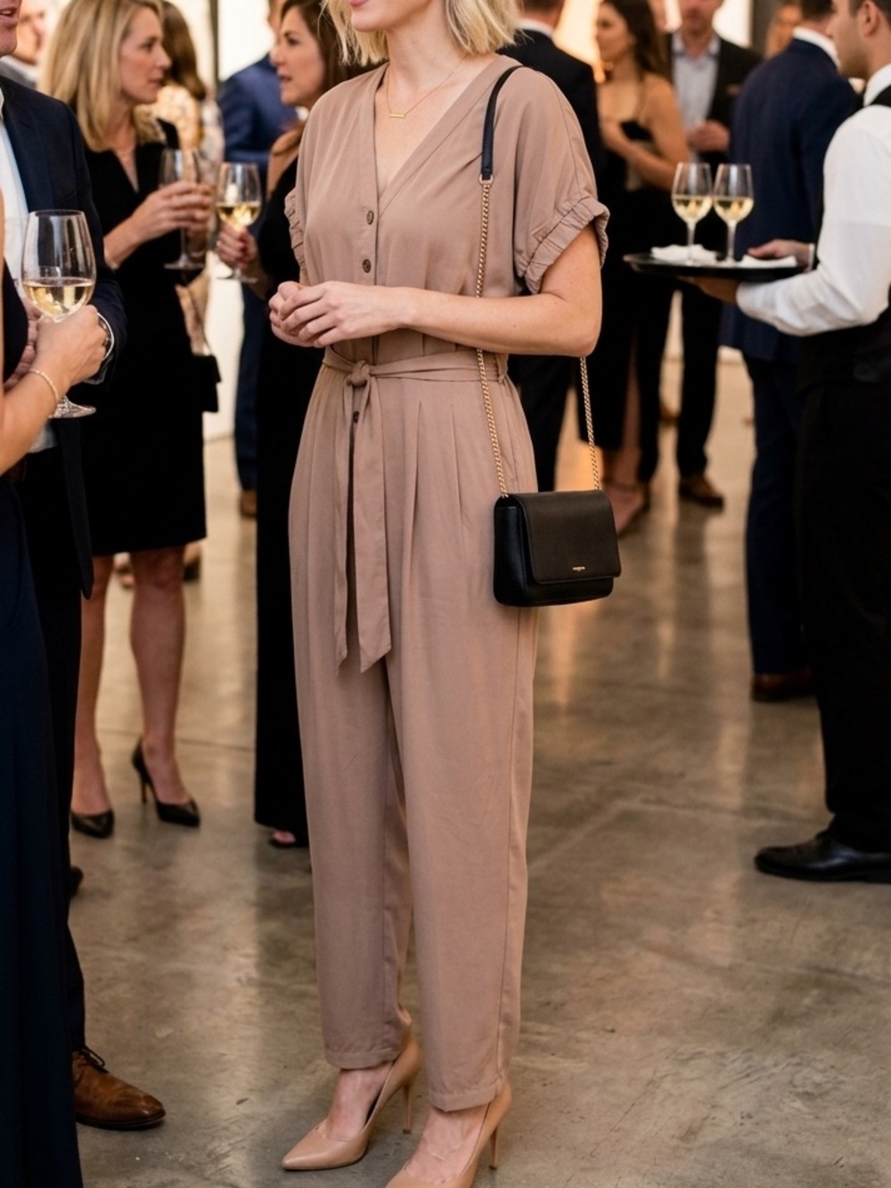 NEW Hem & Thread TaN V-Neck Tie-Waist Jumpsuit